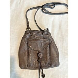 Old Navy Brown Genuine Leather Crossbody Mini Bag 7"Sq  Front Pocket Tassel Boho